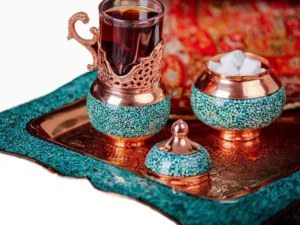 گالش فیروزه کاری با سینی و قندان