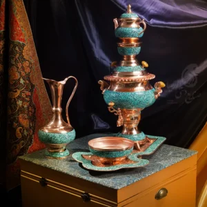 سرویس سماور فیروزه کوبی با قوری و کاسه فیروزه