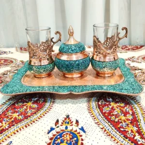 سینی مستطیلی فیروزه کوبی بهمراه گالش و قندان فیروزه